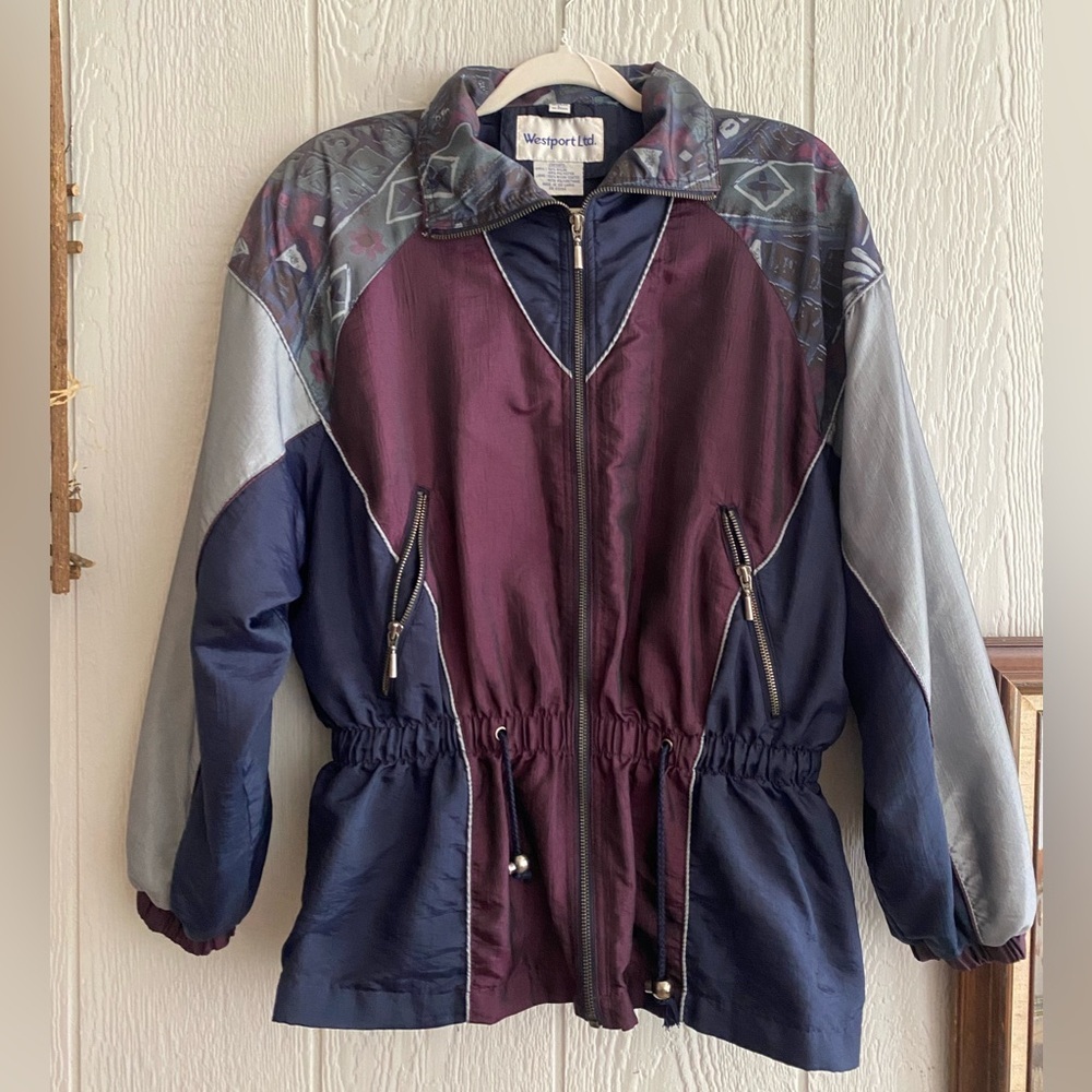 Vtg Westport Ltd. Women Multicolor Floral Shimmer Cinched Waist Windbreaker Sz L